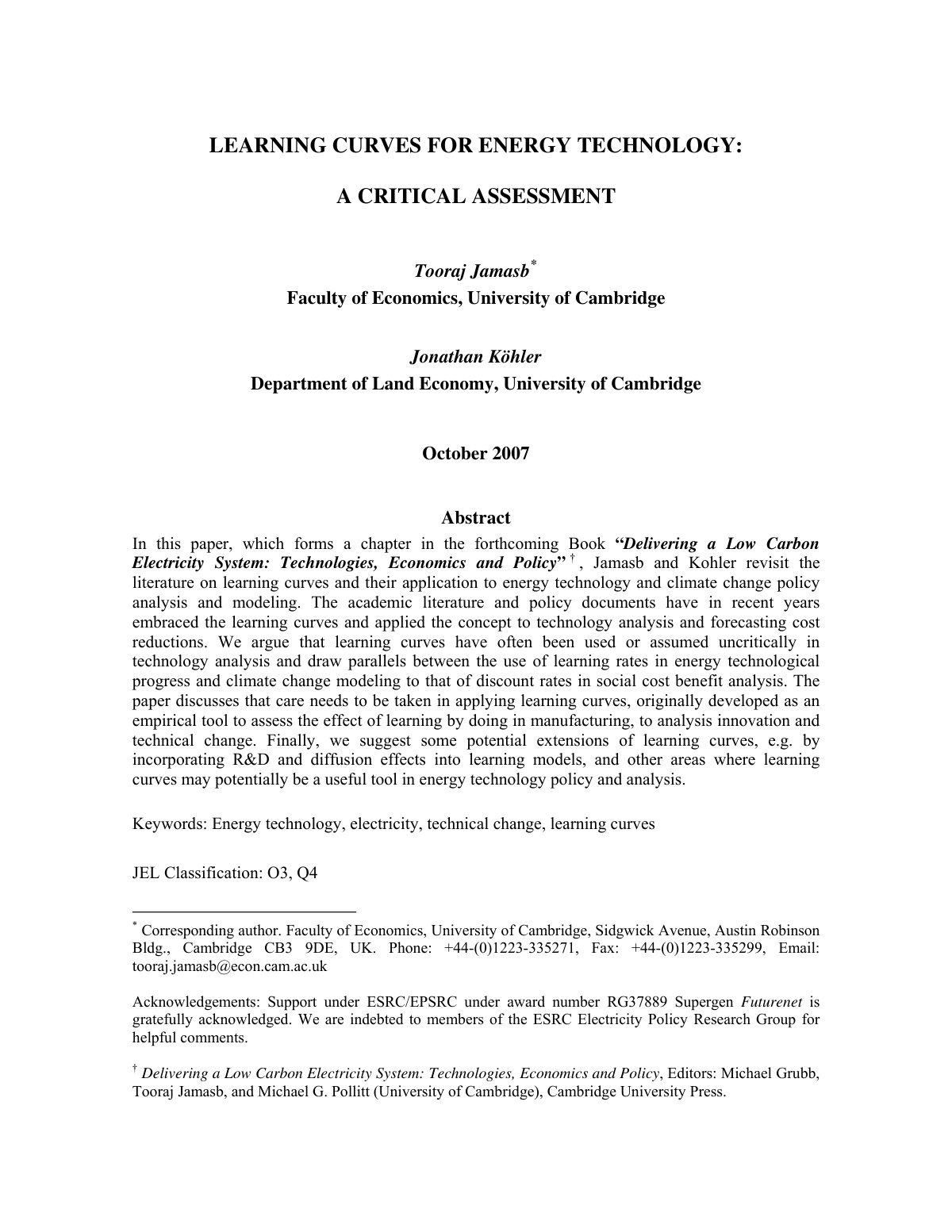 First page of Learning Curves for Energy Technology: A Critical Assessment