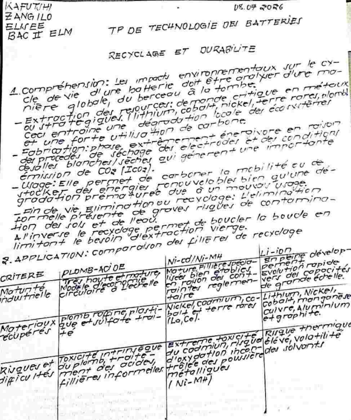 First page of TP DE TECHNOLOGIE DES BATTERIES RECYCLAGE ET DURABILITE 2026 07 09.976872.97