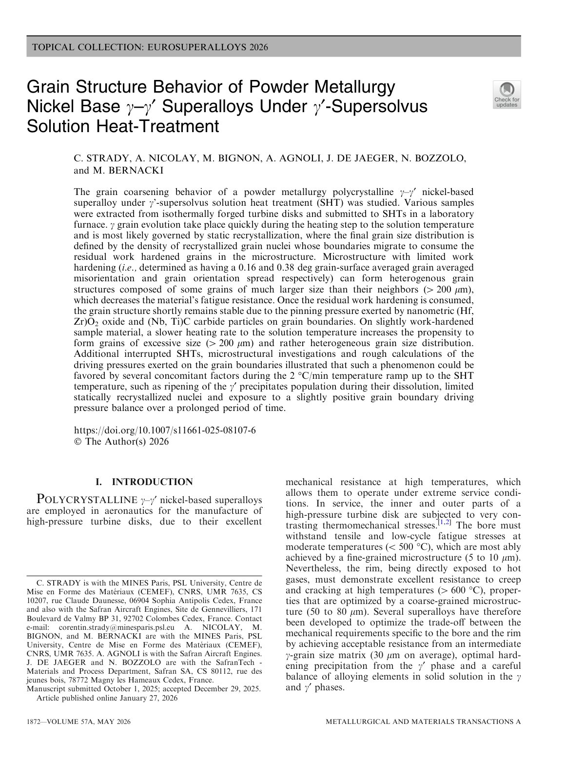 First page of 2026 Strady Gamma Prime Supersolvus Heat Treatment