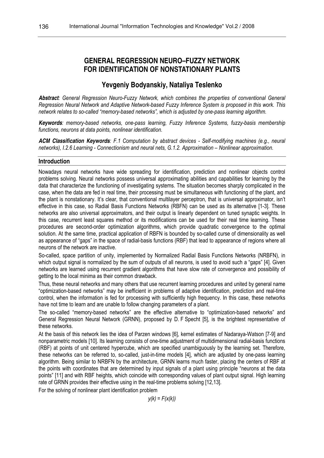 First page of General Regression Neuro–Fuzzy Network for Identification of Nonstationary Plants