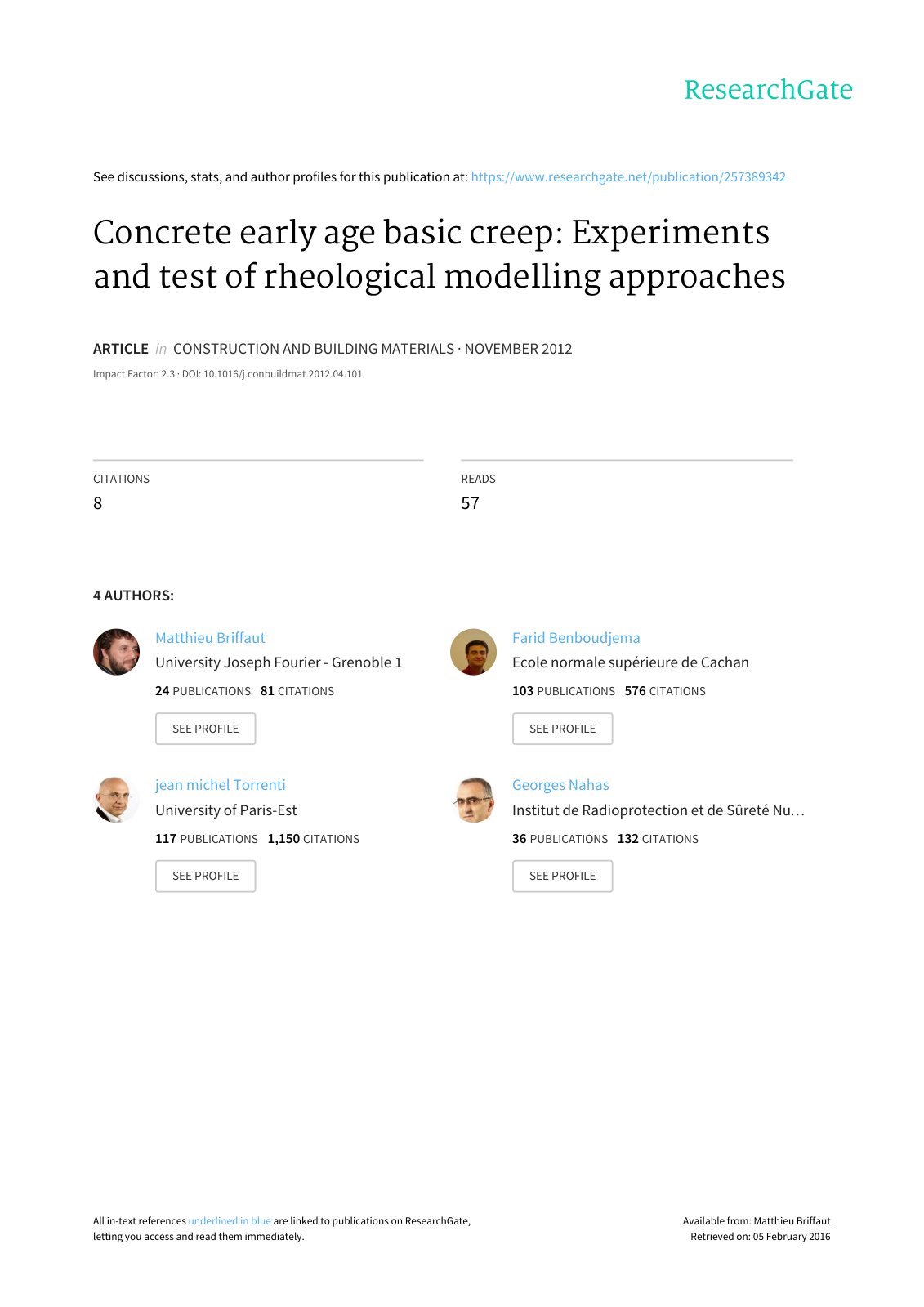 First page of Concrete early age basic creep Experimen