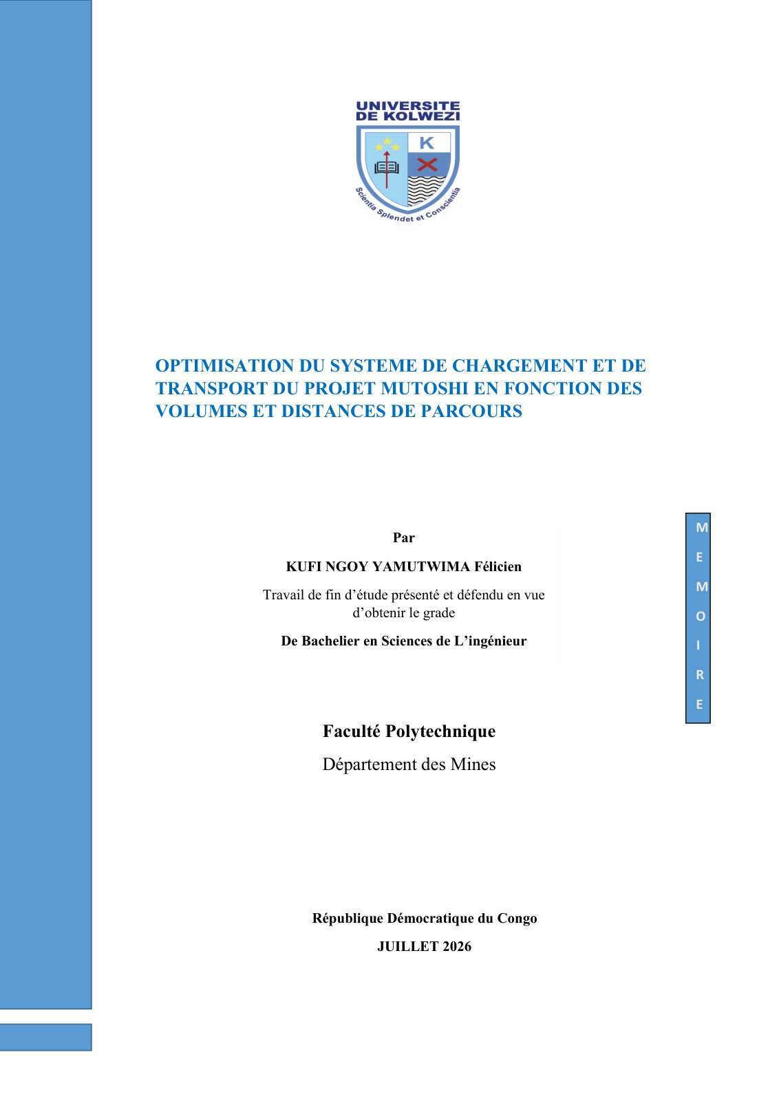 First page of OPTIMISATION DU SYSTEME DE CHARGEMENT ET DE TRANSPORT DU PROJET MUTOSHI EN FONCTION DES VOLUMES ET DISTANCES DE PARCOURS
