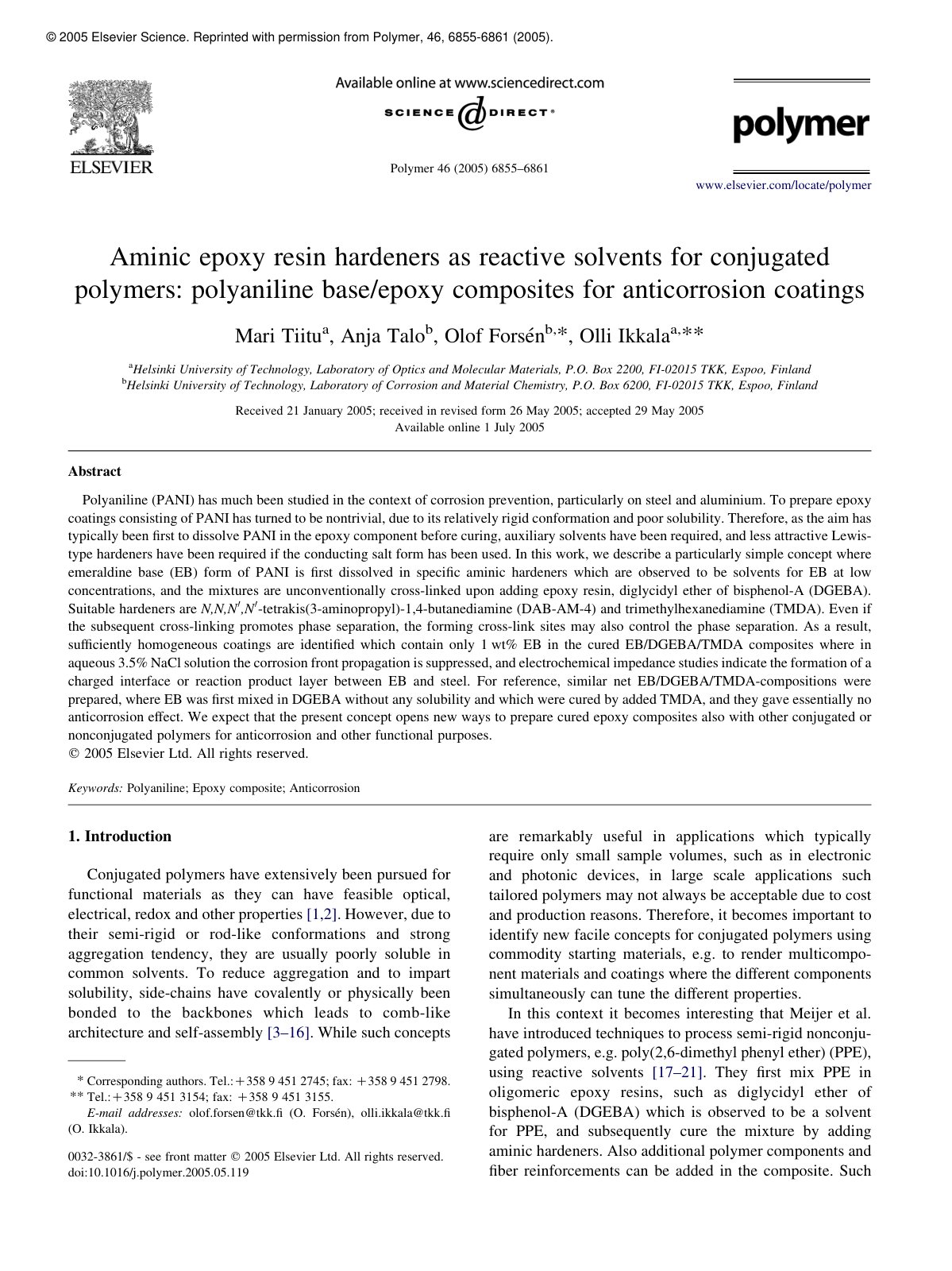 First page of Aminic epoxy resin hardeners as reactive solvents for conjugated polymers: polyaniline base/epoxy composites for anticorrosion coatings