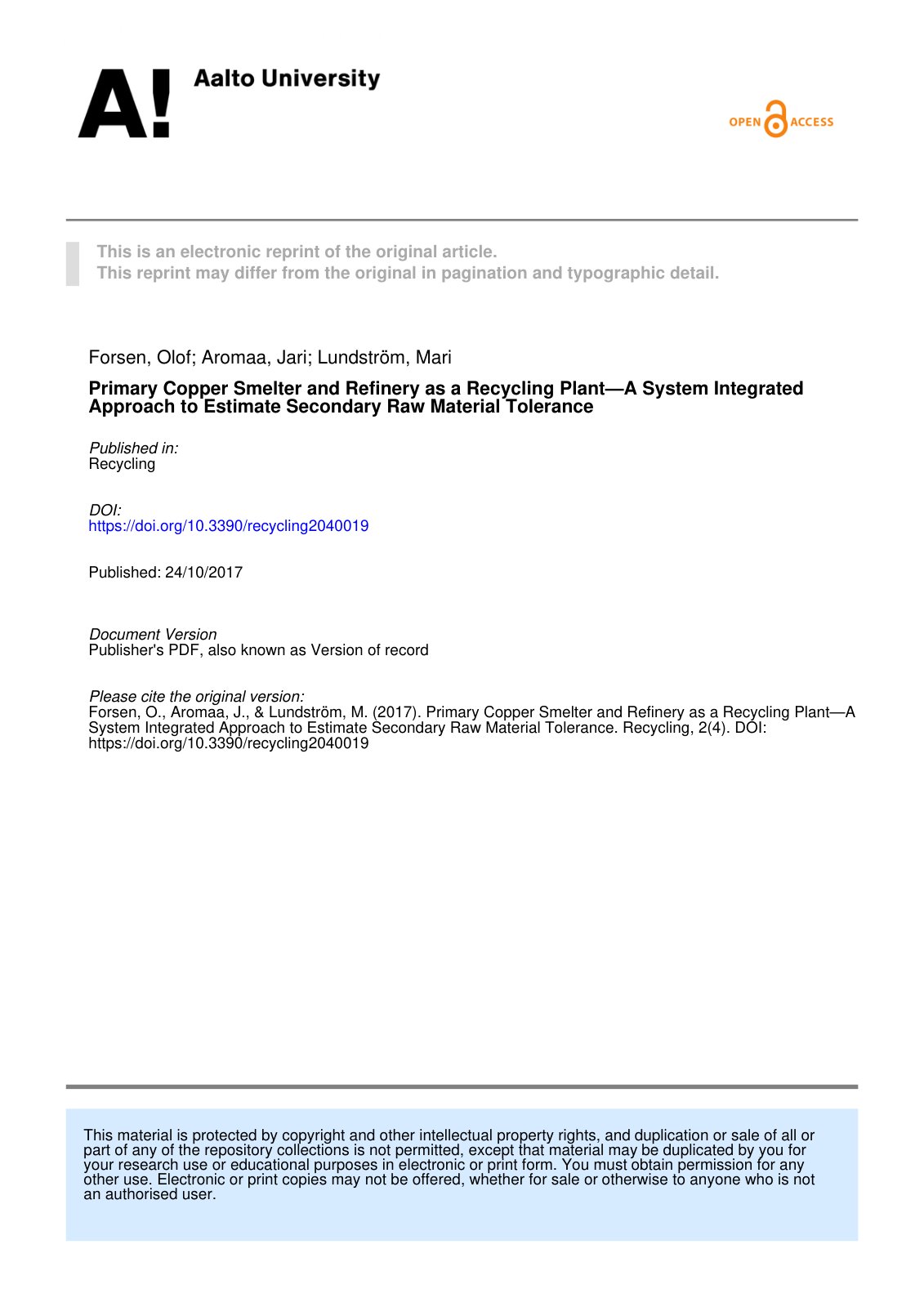 First page of Primary Copper Smelter and Refinery as a Recycling Plant—A System Integrated Approach to Estimate Secondary Raw Material Tolerance "2279