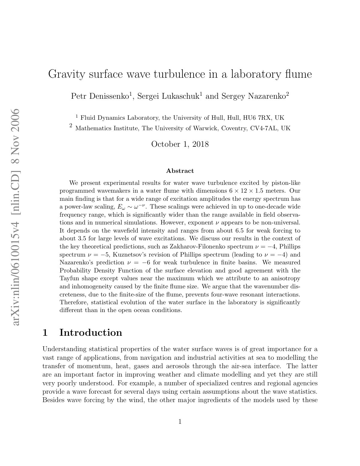 First page of Gravity surface wave turbulence in a laboratory ﬂume