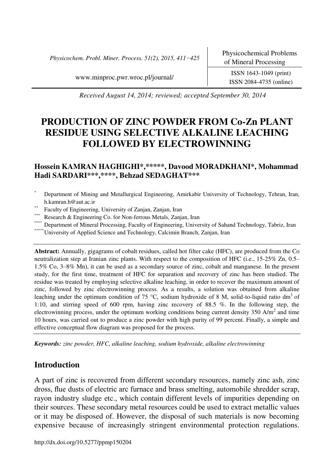 First page of Production of zinc powder from Co zinc p