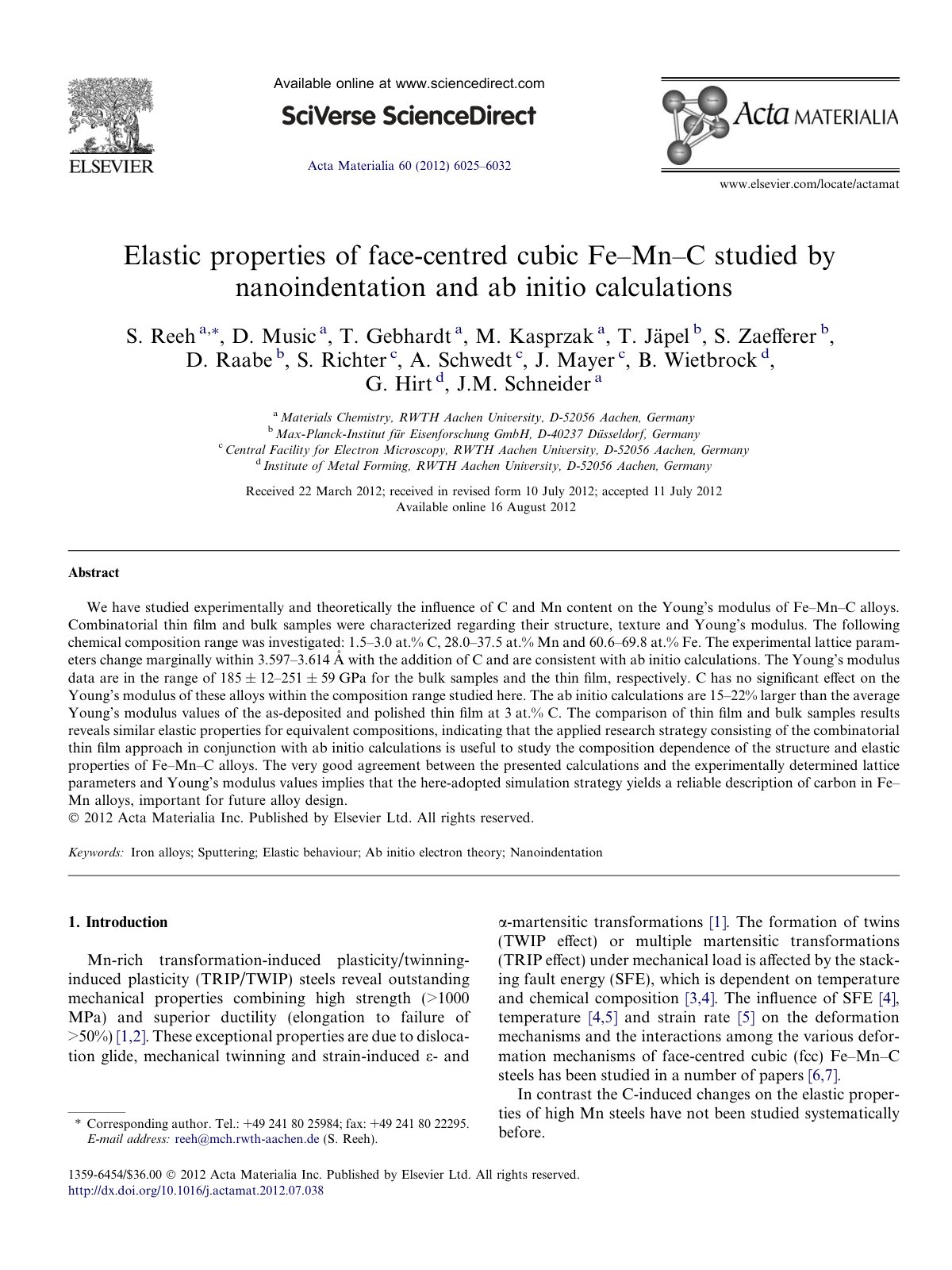 First page of Elastic properties of face-centred cubic Fe–Mn–C studied by nanoindentation and ab initio calculations