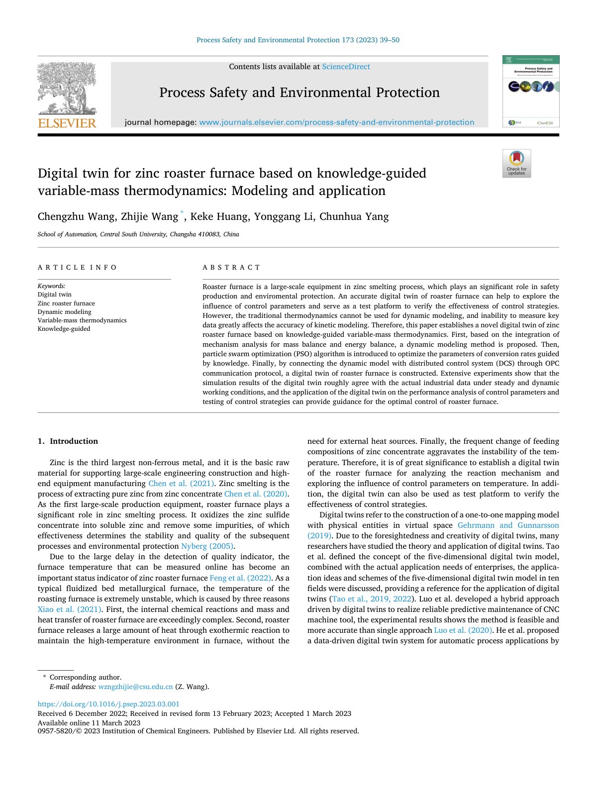 First page of Digital twin for zinc roaster furnace based on knowledge-guided variable-mass thermodynamics: Modeling and application