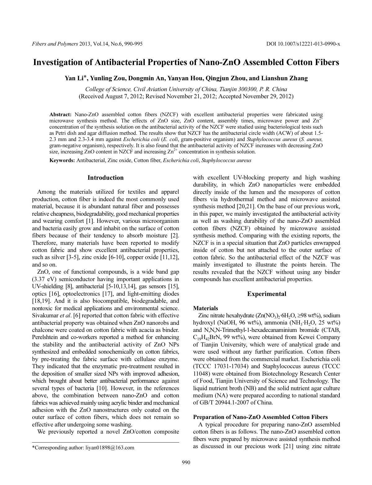 First page of Investigation of Antibacterial Properties of Nano-ZnO Assembled Cotton Fibers