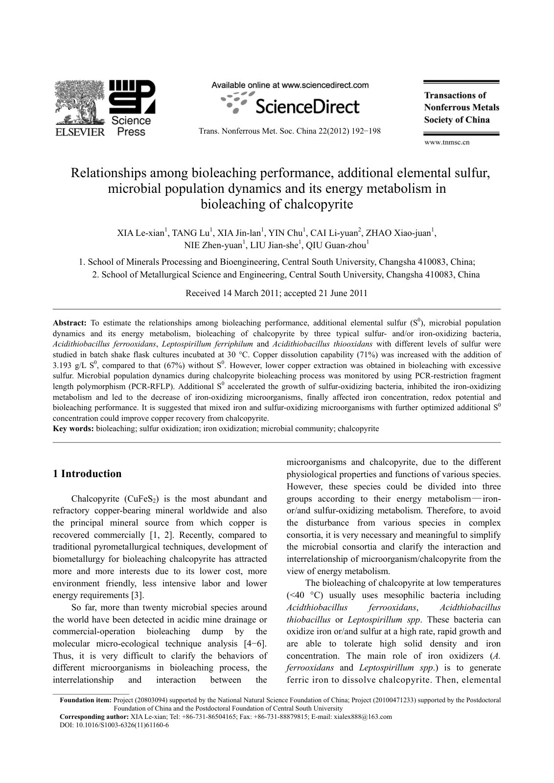 First page of Relationships among bioleaching performa