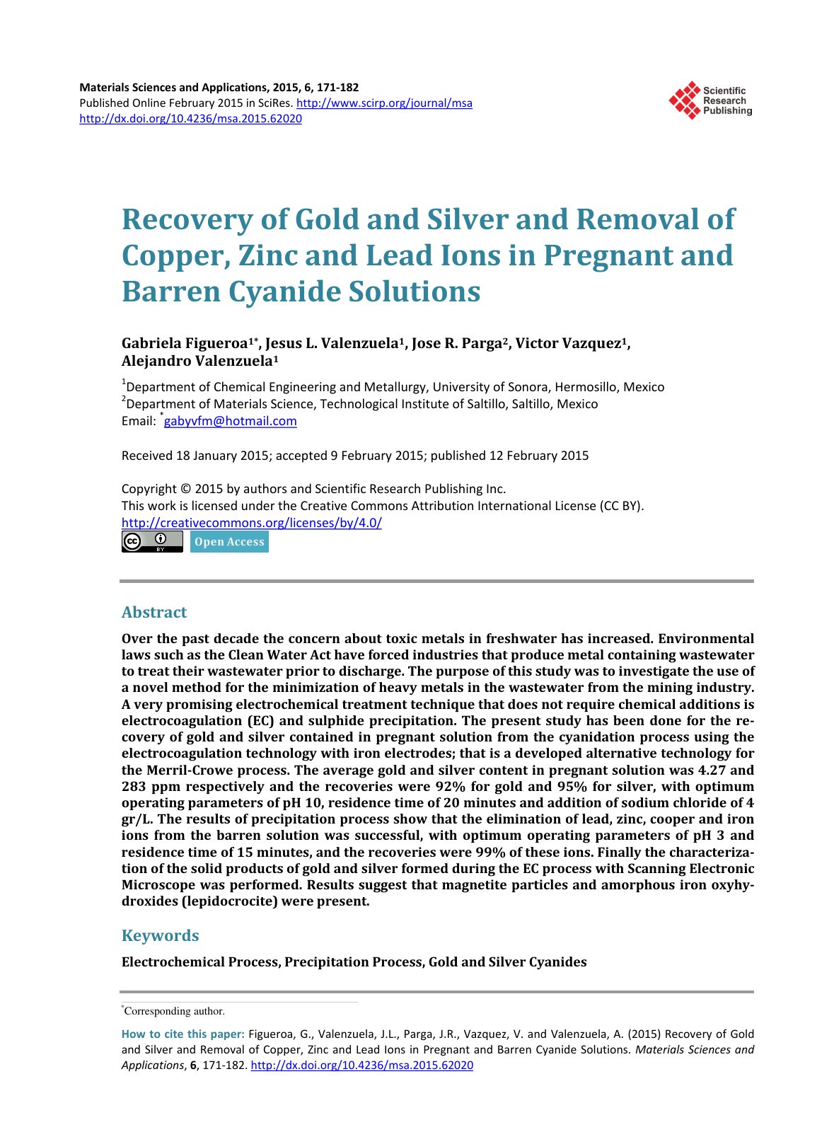 First page of Recovery of Gold and Silver and Removal of Copper, Zinc and Lead Ions in Pregnant and Barren Cyanide Solutions