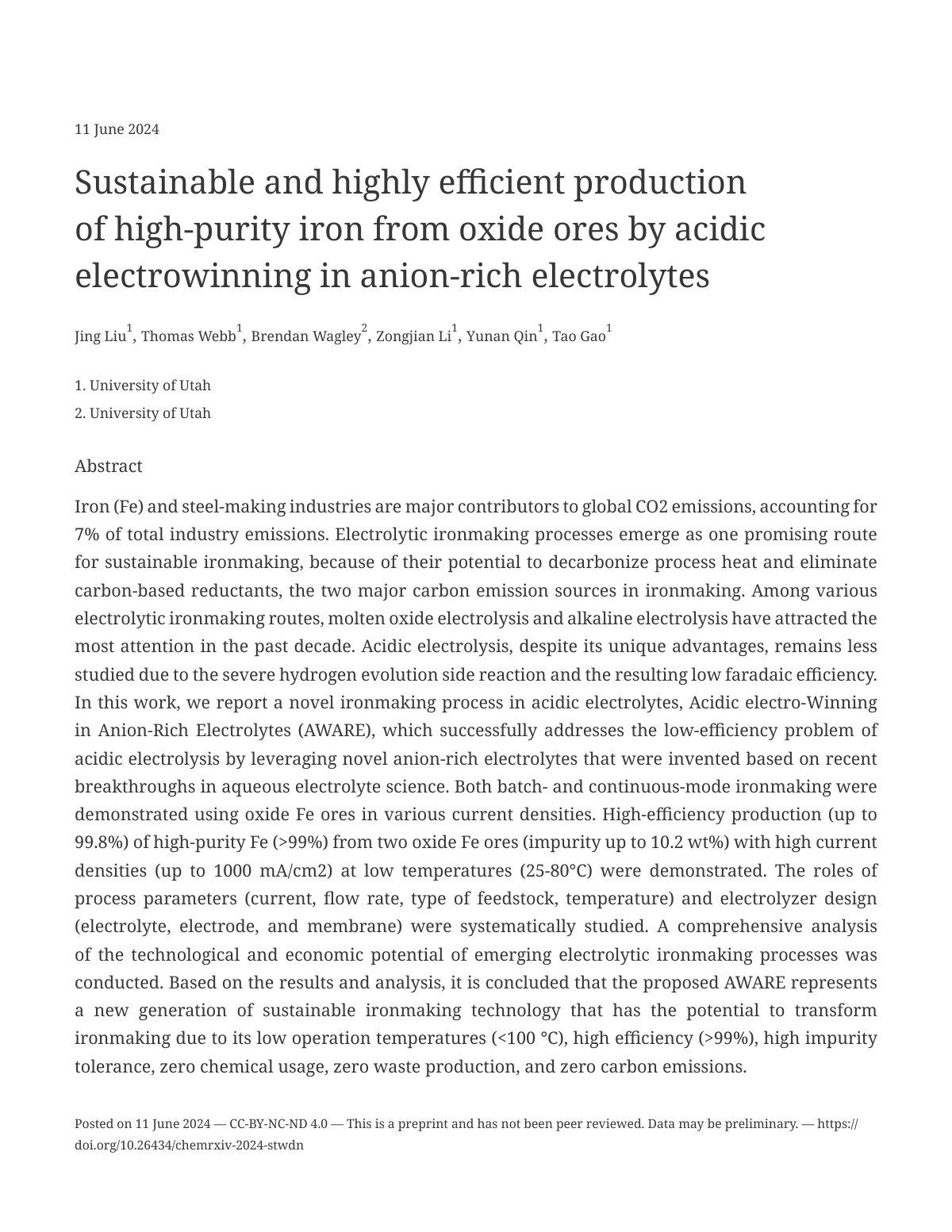 First page of Sustainable and highly eﬃcient production of high-purity iron from oxide ores by acidic electrowinning in anion-rich electrolytes