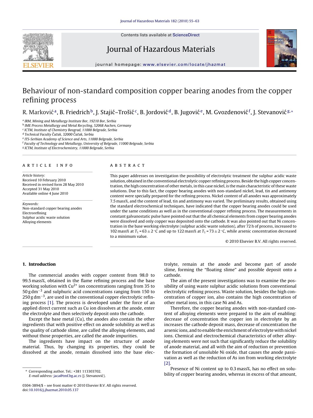 First page of Behaviour of non-standard composition copper bearing anodes from the copper reﬁning process