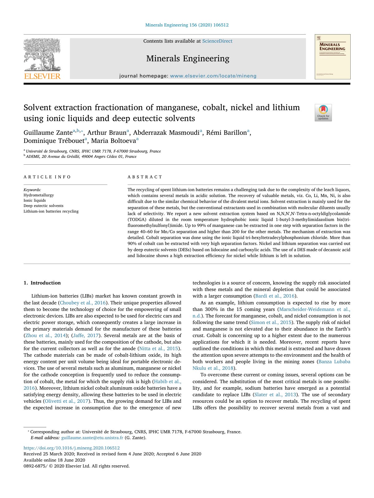 First page of Solvent extraction fractionation of manganese  cobalt  nicke 2020 Minerals E