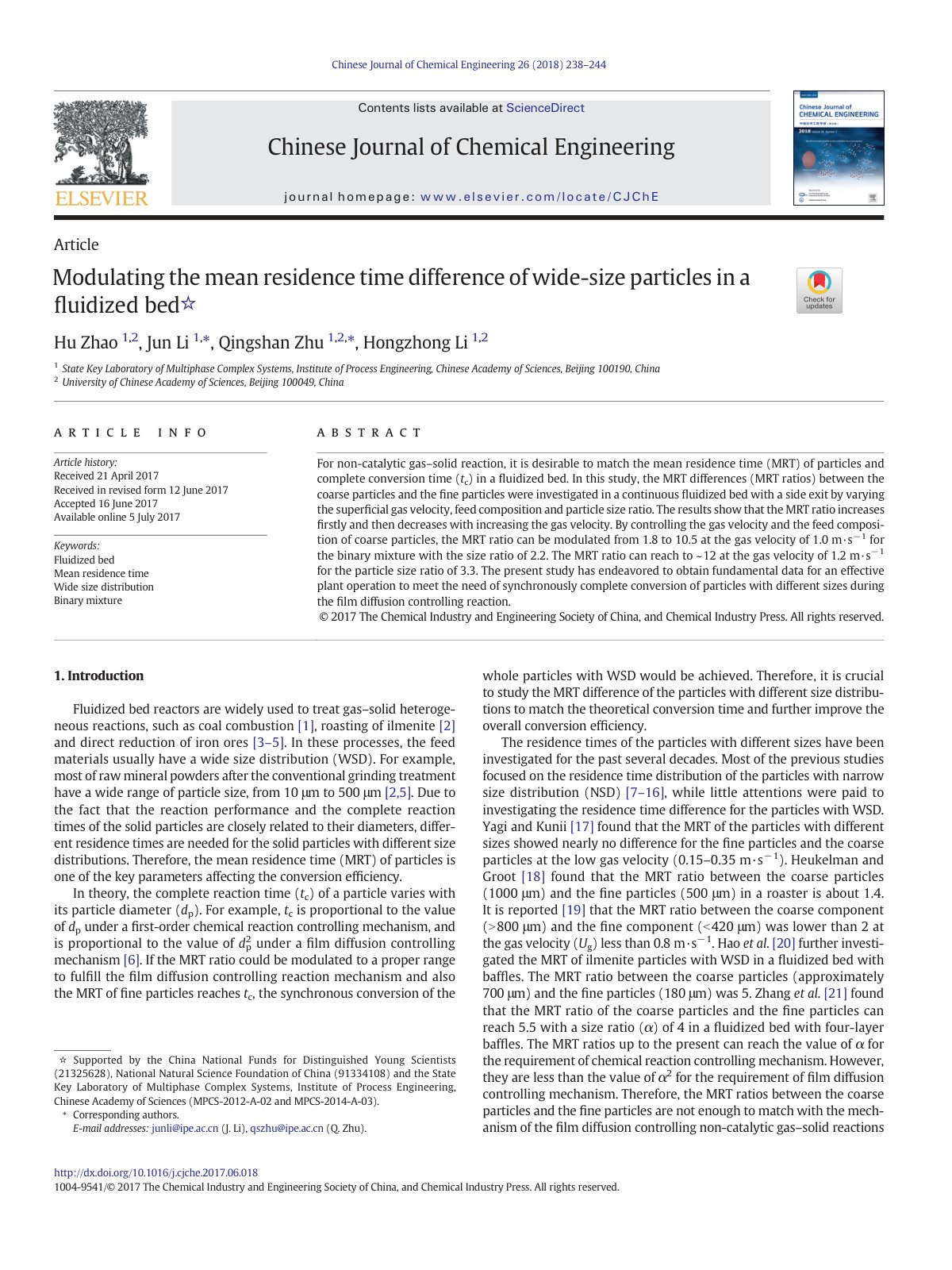 First page of Modulating the mean residence time difference of wide-size particles in a fluidized bed