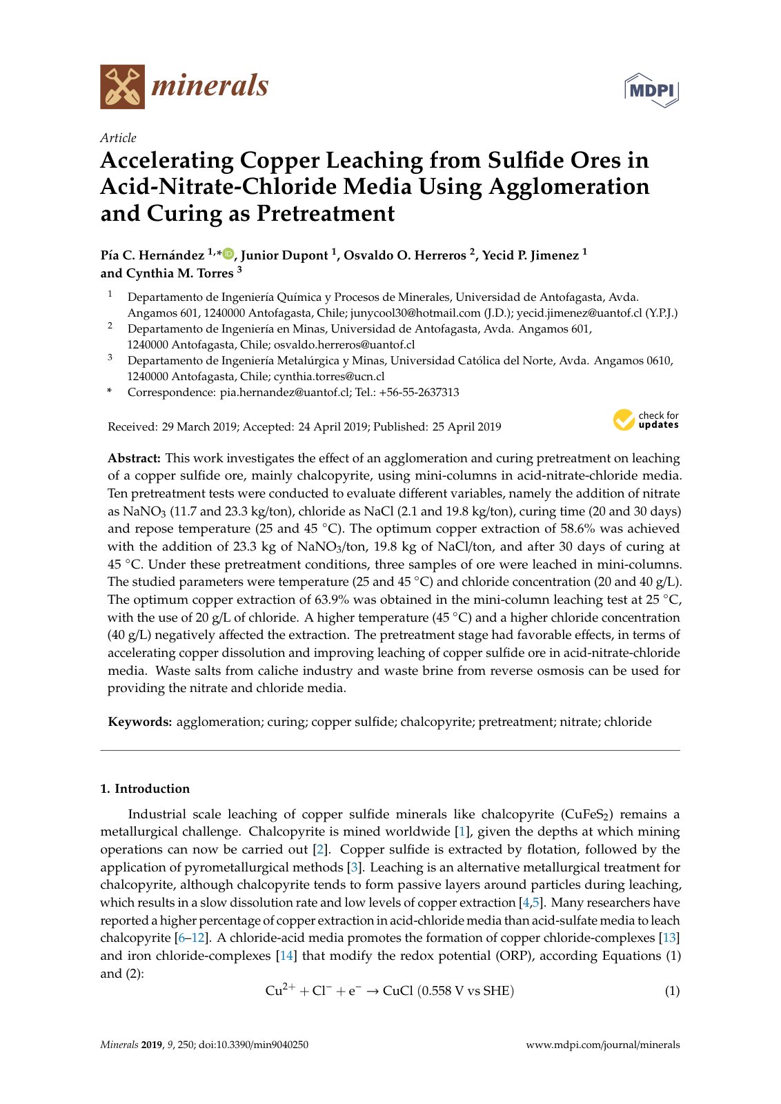 First page of Accelerating Copper Leaching from Sulﬁde Ores in Acid-Nitrate-Chloride Media Using Agglomeration and Curing as Pretreatment