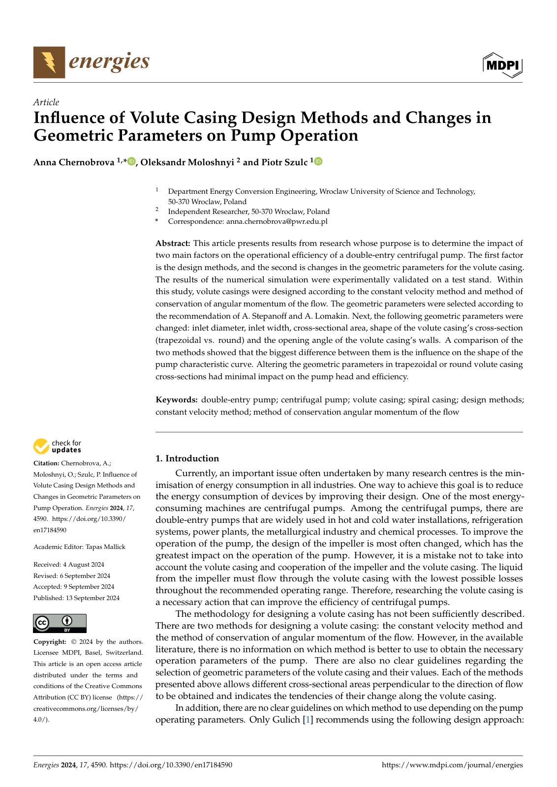 First page of Influence of Volute Casing Design Methods and Changes in Geometric Parameters on Pump Operation