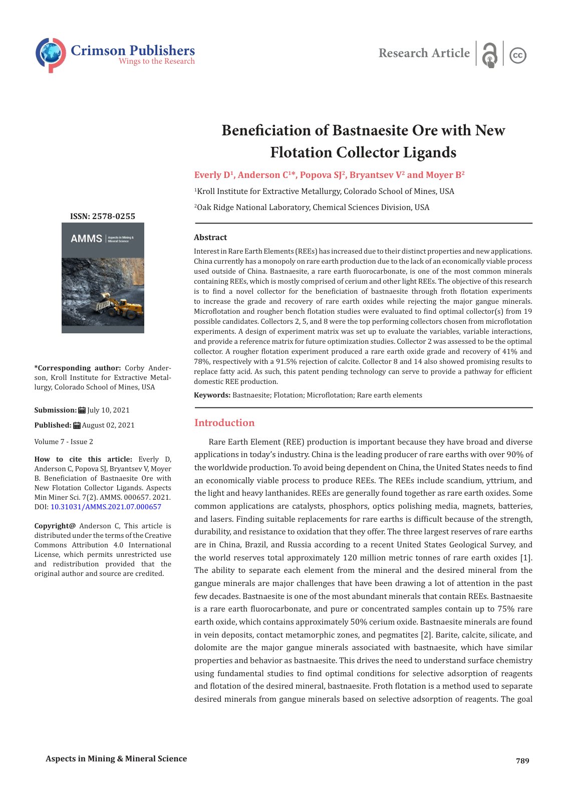 First page of Beneficiation of Bastnaesite Ore with New Flotation Collector Ligands