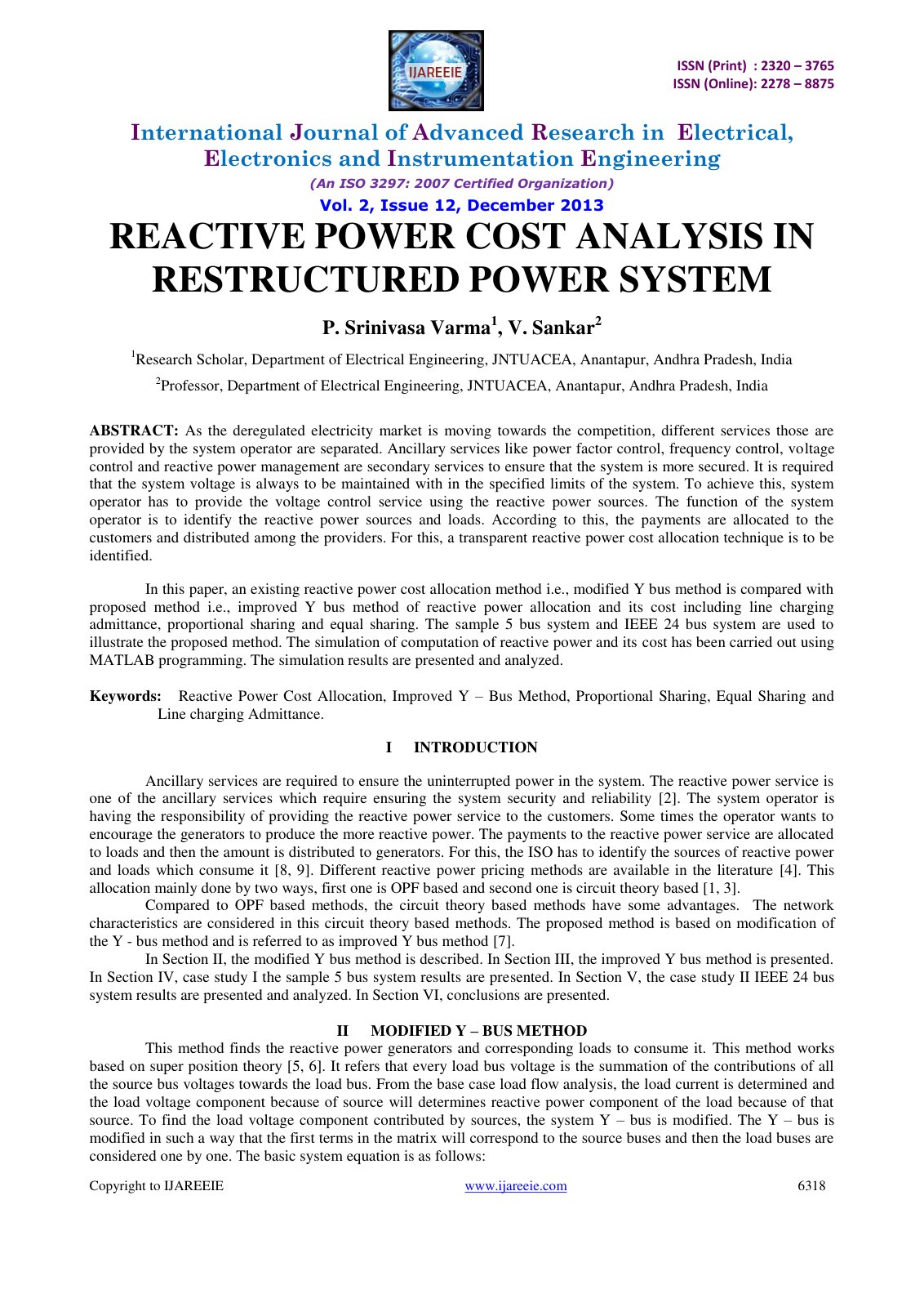 First page of Reactive Power Cost Analysis Inrestructu