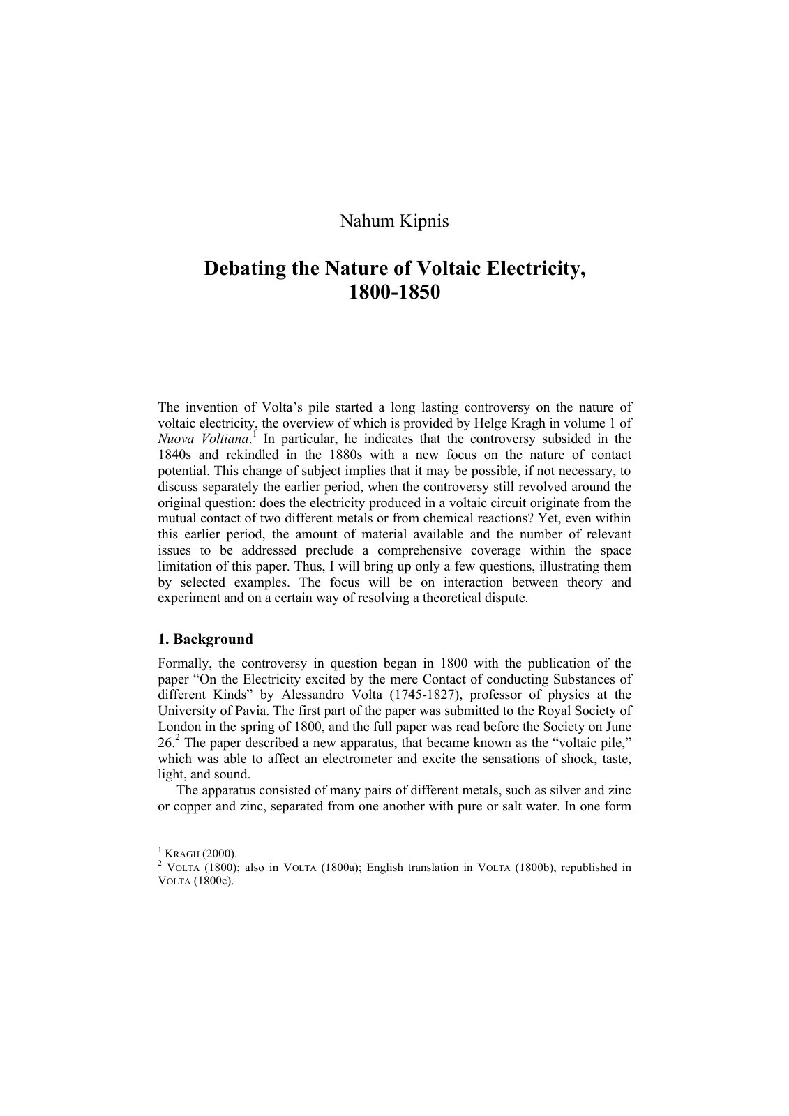 First page of Debating the Nature of Voltaic Electricity, 1800-1850