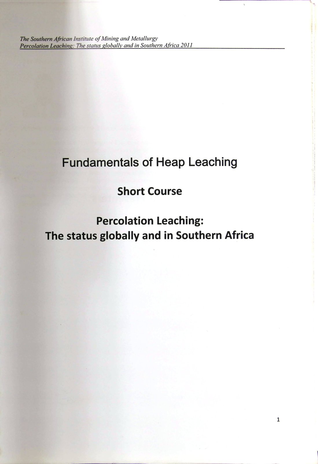First page of Percolation Leaching: The status globally and in Southern Africa