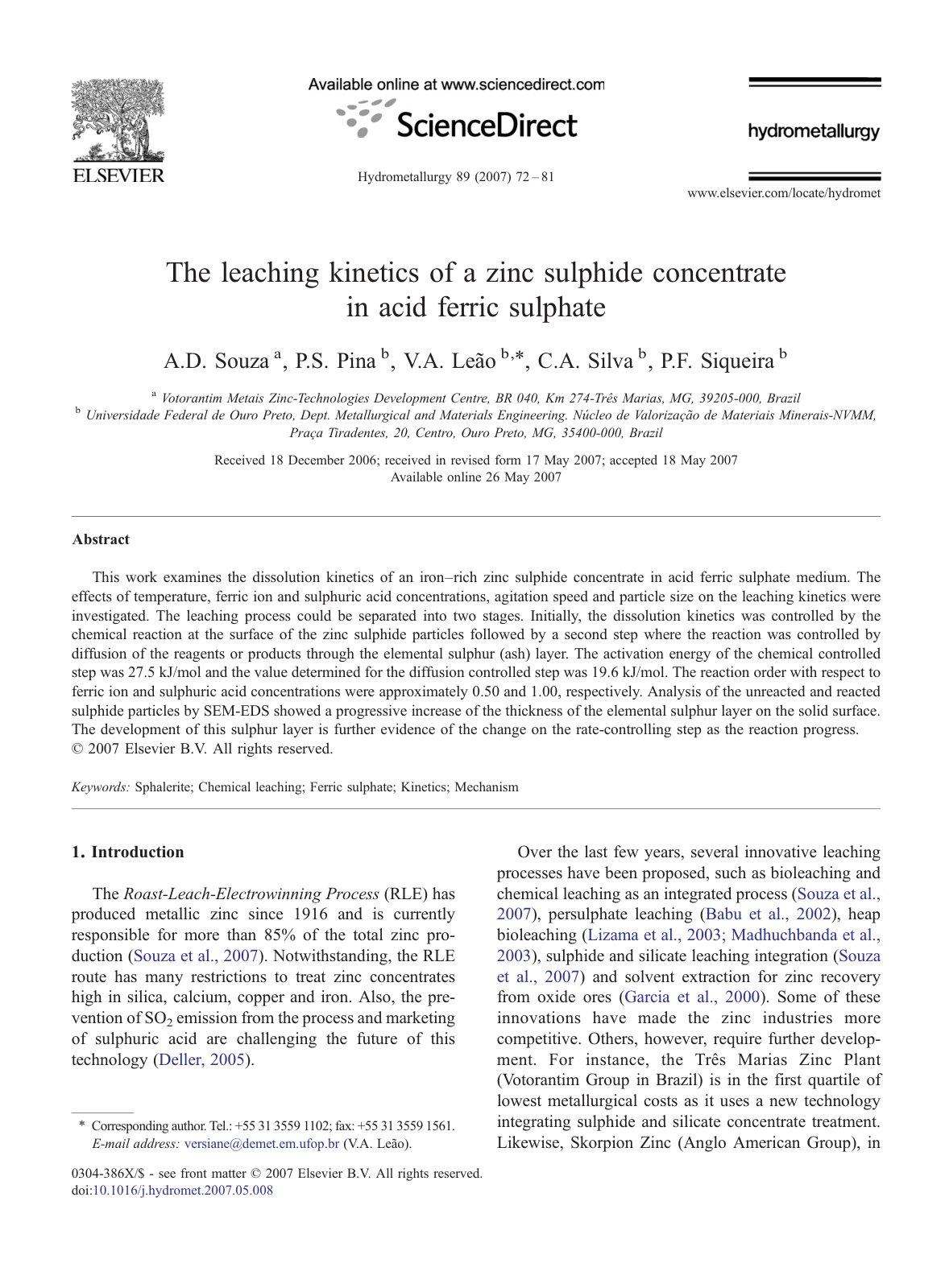 First page of The leaching kinetics of a zinc sulphide concentrate in acid ferric sulphate