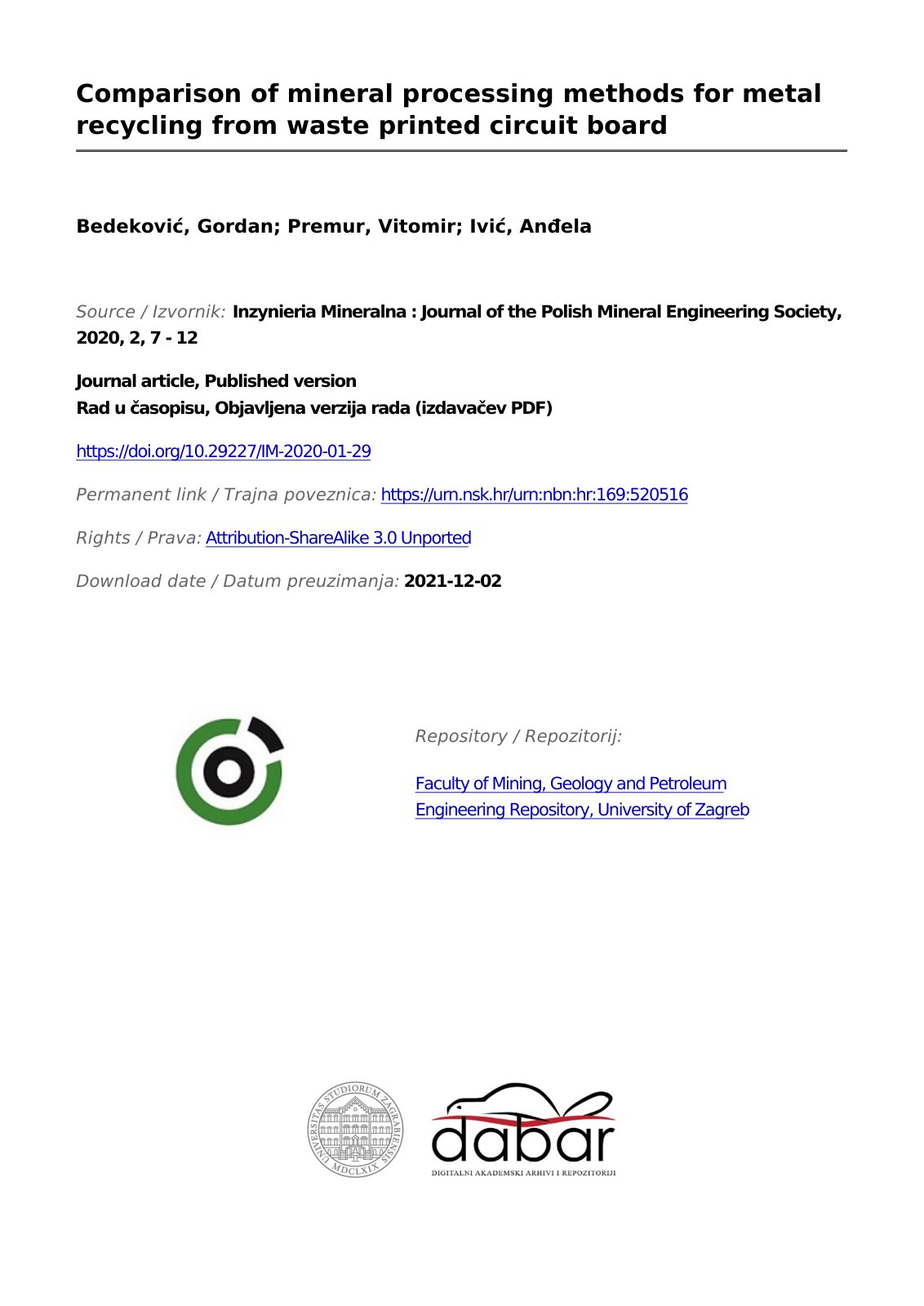 First page of Comparison of Mineral Processing Methods