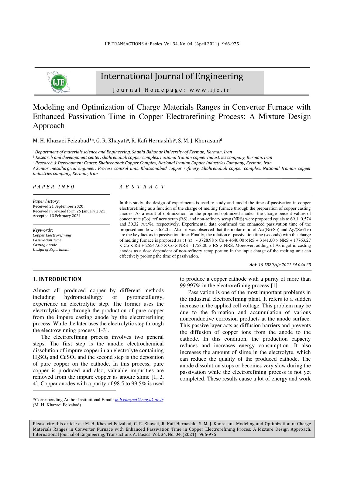First page of Modeling and Optimization of Charge Materials Ranges in Converter Furnace with Enhanced Passivation Time in Copper Electrorefining Proces: A Mixture Design Approach