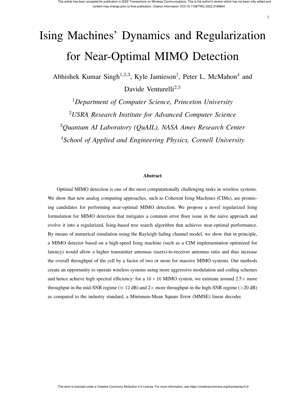 First page of Ising Machines’ Dynamics and Regularization for Near-Optimal MIMO Detection