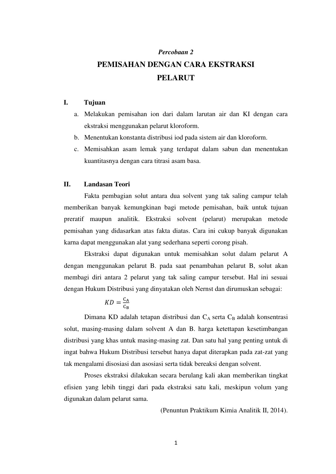 First page of Laporan awal ekstraksi pelarut