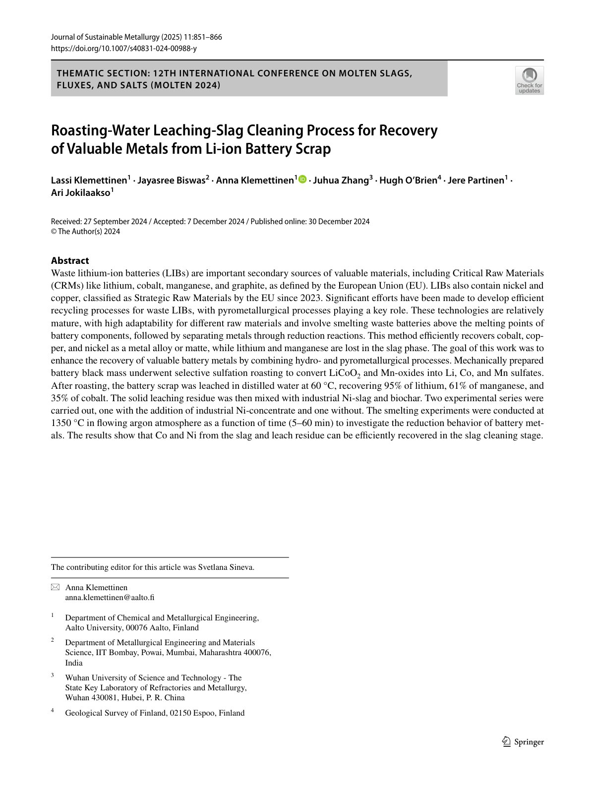 First page of 2025 Klemettinen et al Roasting Water Leaching Slag Cleaning Li Ion Battery Scrap