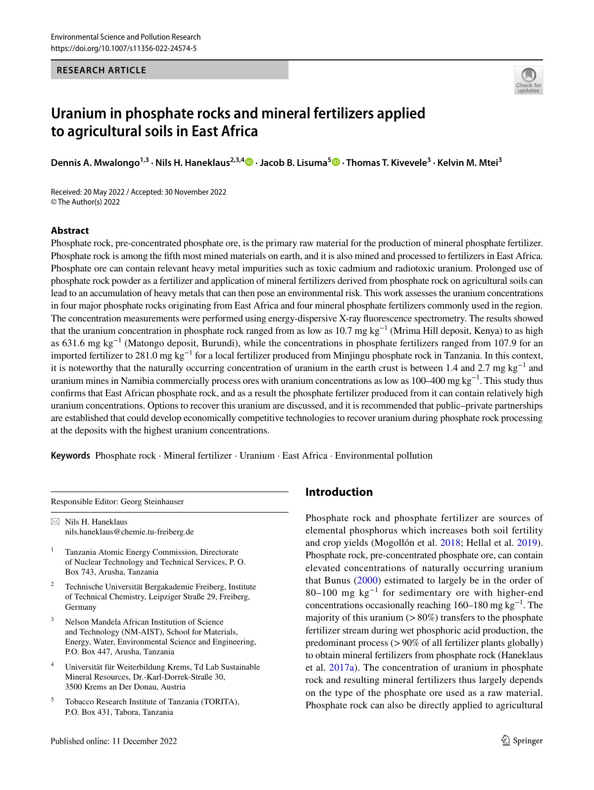 First page of Uranium in phosphate rocks and mineral fertilizers applied to agricultural soils in East Africa