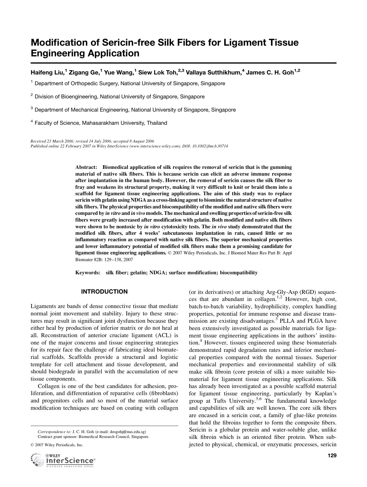 First page of Modification of sericin free silk fibers