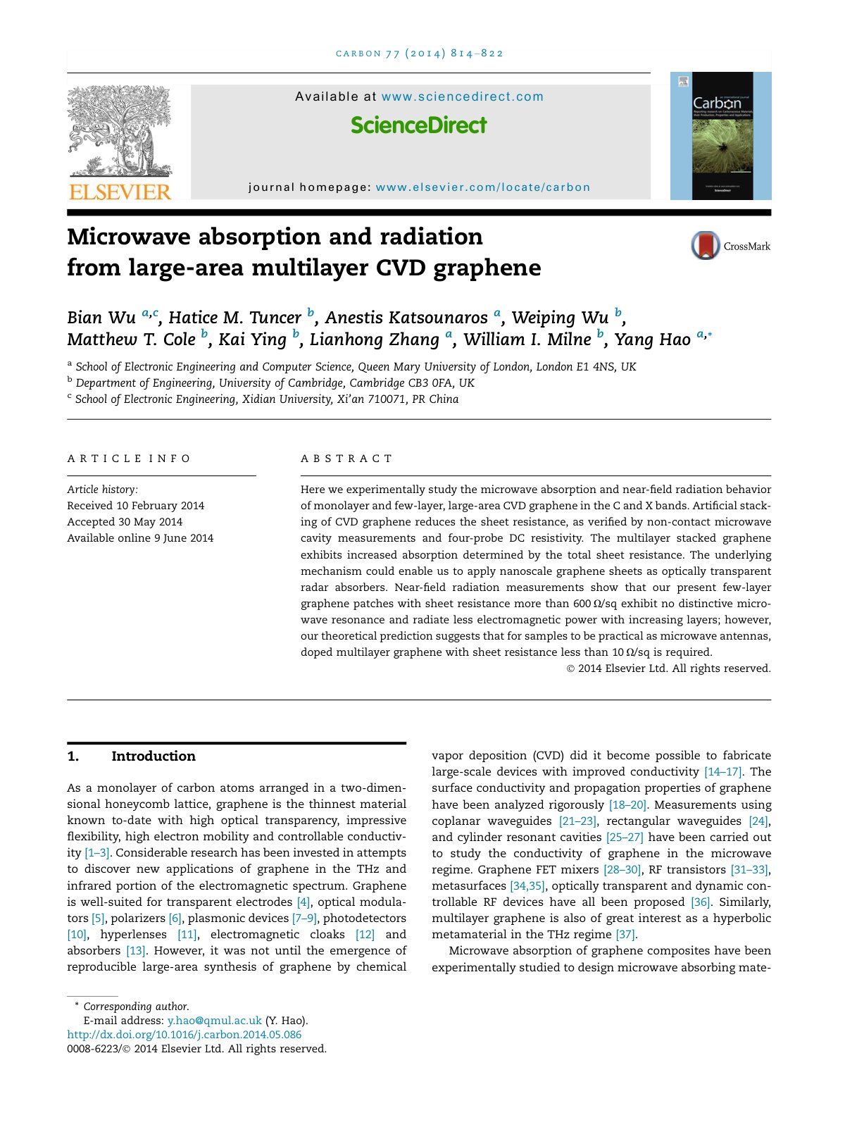 First page of Microwave absorption and radiation from large-area multilayer CVD graphene