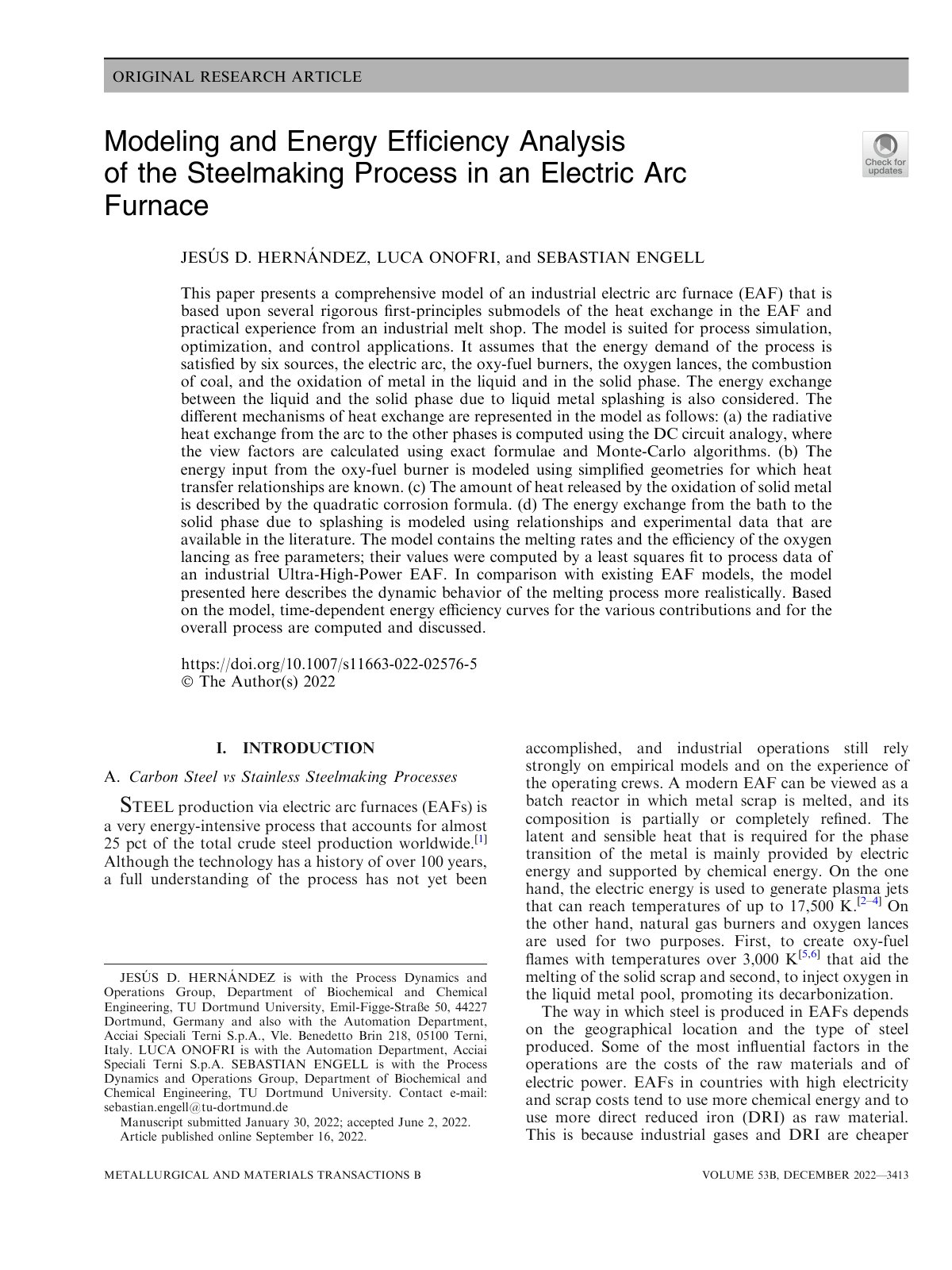 First page of Modeling and Energy Efﬁciency Analysis of the Steelmaking Process in an Electric Arc Furnace