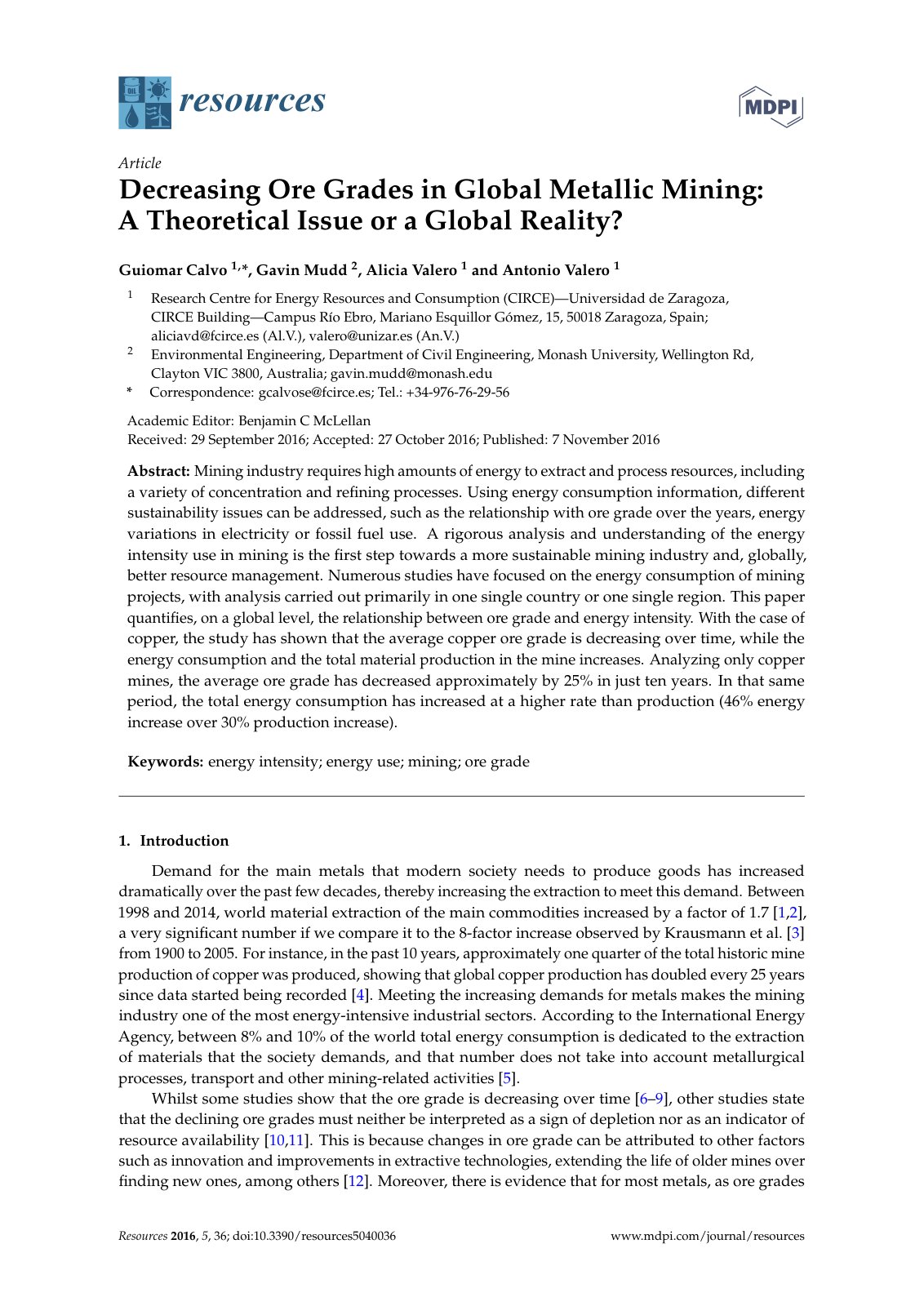 First page of Decreasing Ore Grades in Global Metallic Mining: A Theoretical Issue or a Global Reality?