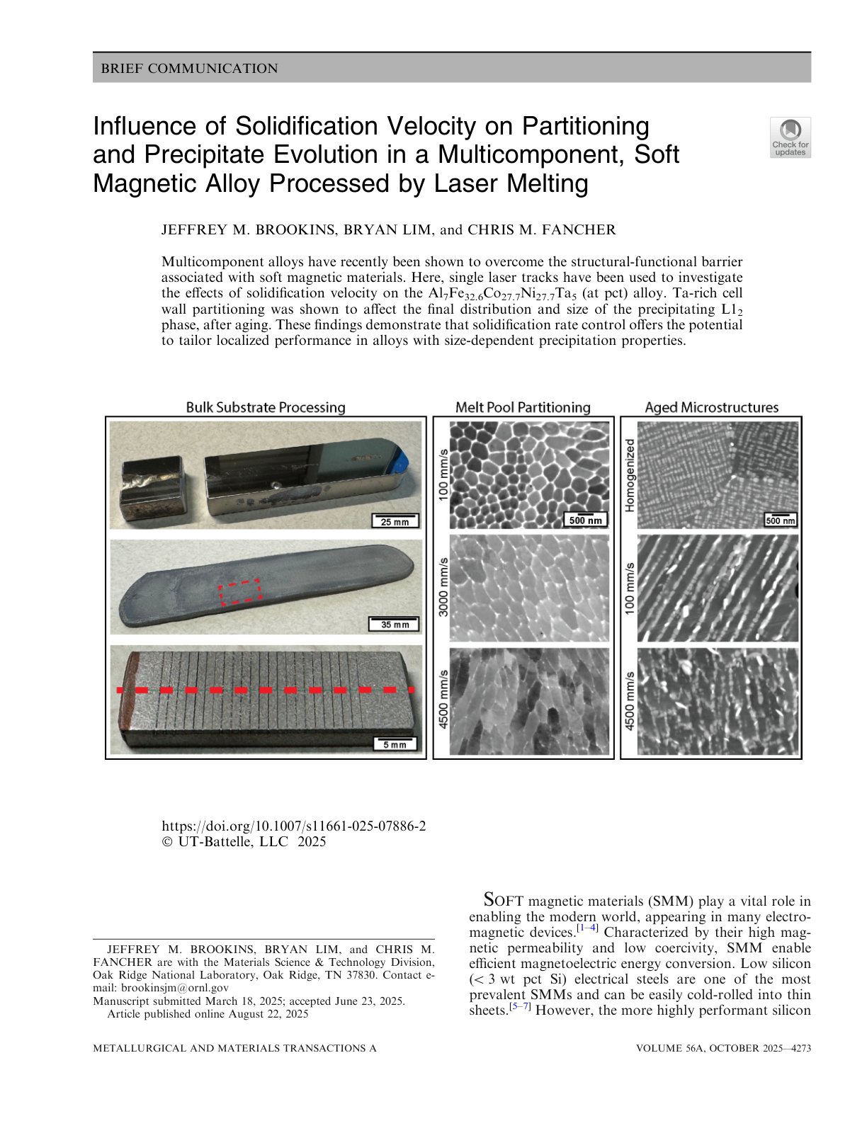 First page of 2025 Brookins Soft Magnetic Alloy Solidification Velocity
