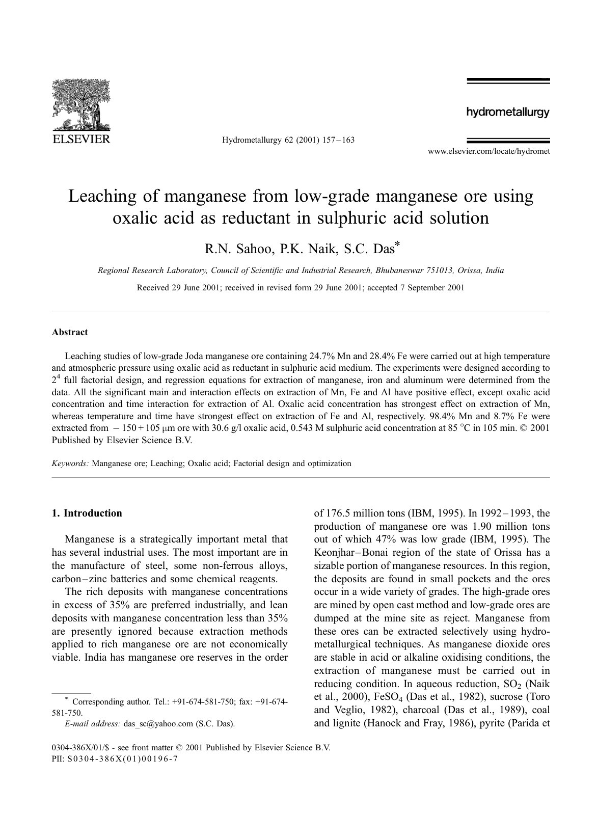First page of Leaching of manganese from low-grade manganese ore using oxalic acid as reductant in sulphuric acid solution