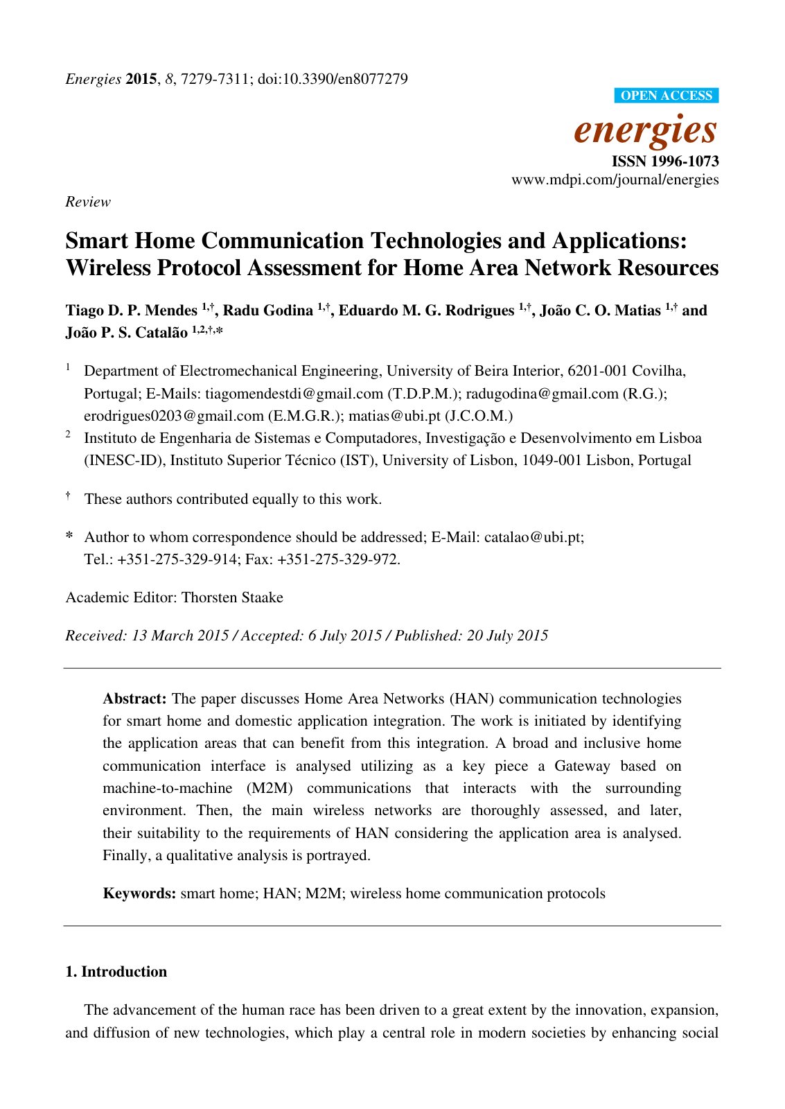 First page of Smart Home Communication Technologies an