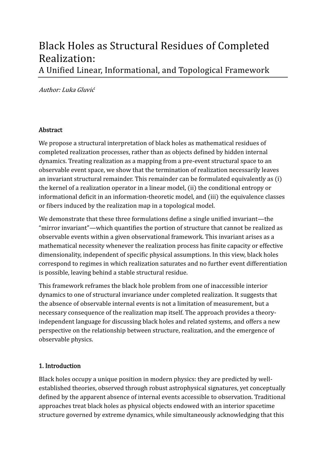 First page of Black Holes as Structural Residues of Co