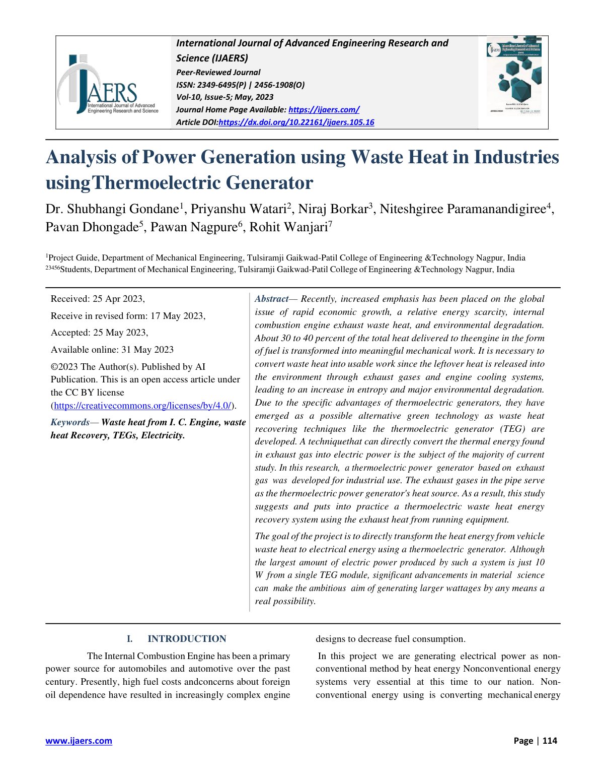 First page of Analysis of Power Generation using Waste