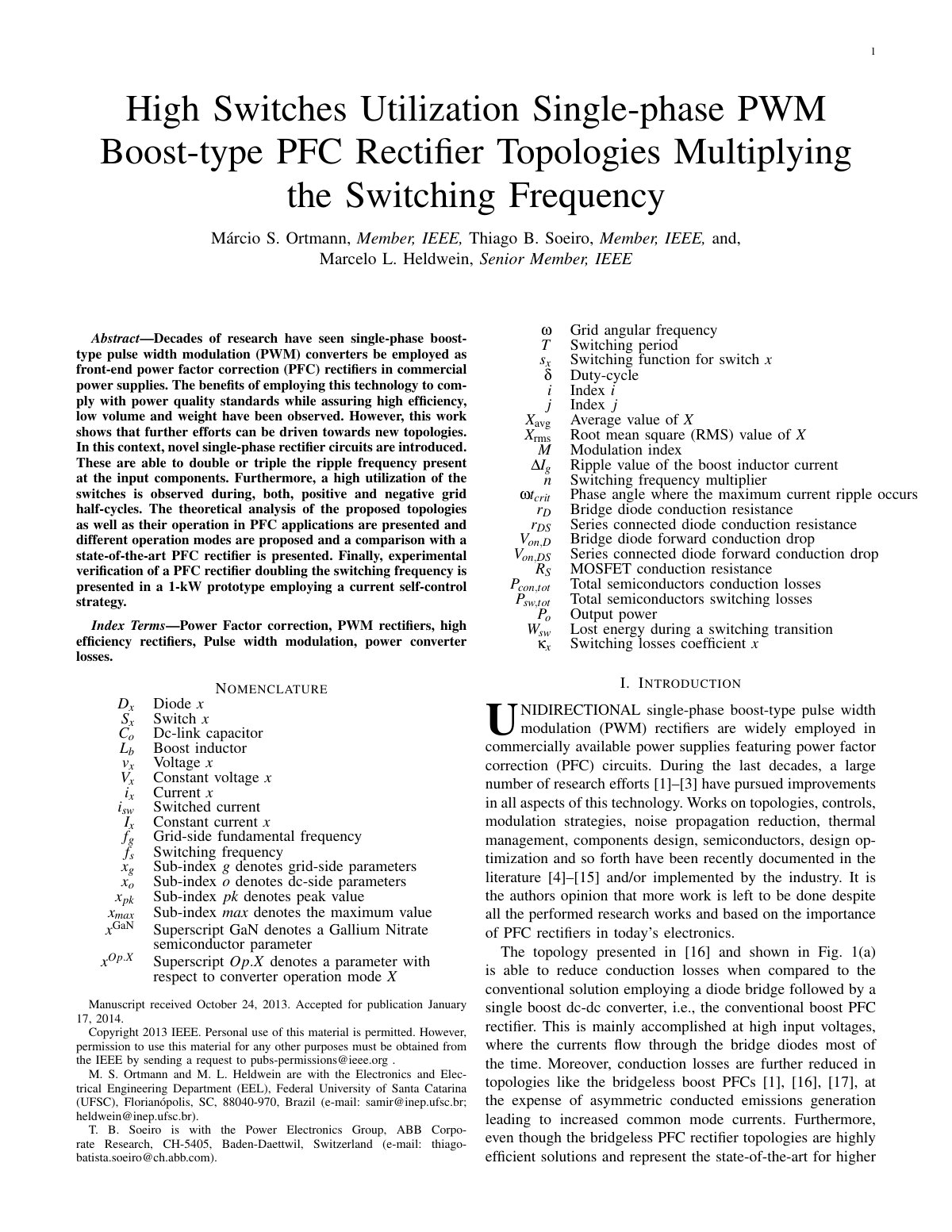 First page of High Switches Utilization Single-phase PWM Boost-type PFC Rectiﬁer Topologies Multiplying the Switching Frequency