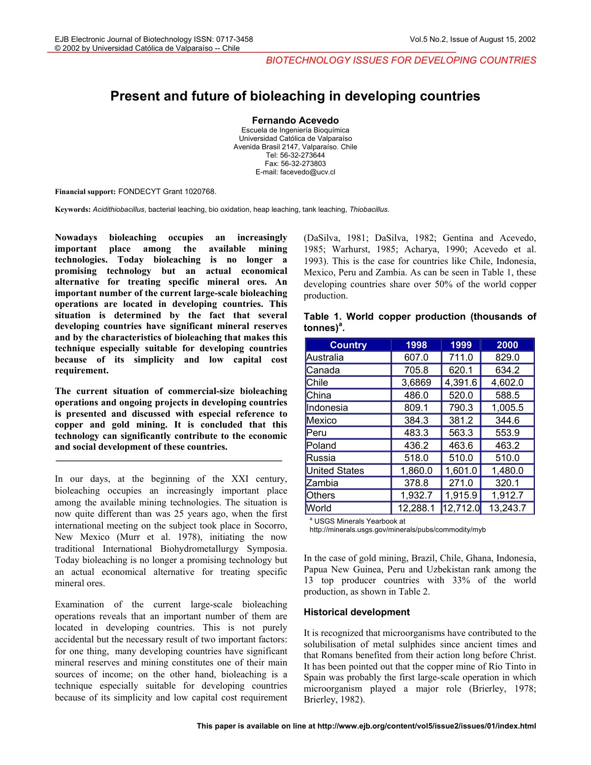 First page of Present and future of bioleaching in dev