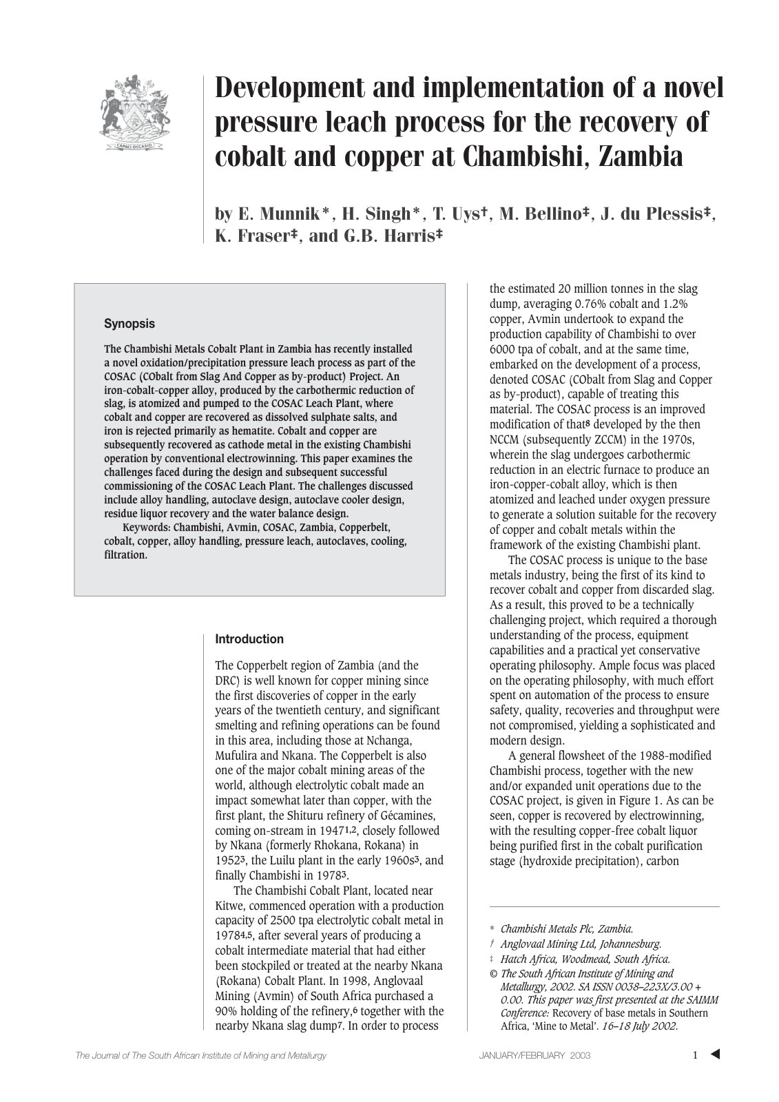 First page of Development and implementation of a novel pressure leach process for the recovery of cobalt and copper at Chambishi, Zambia