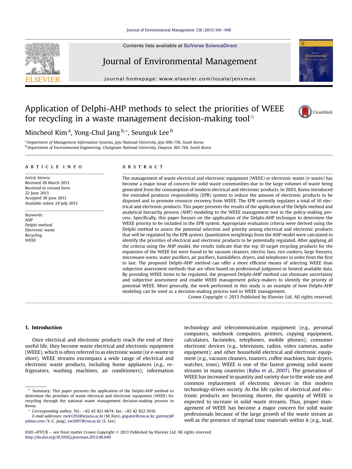 First page of Application of Delphi AHP methods to select the priorit 2013 Journal of Envi