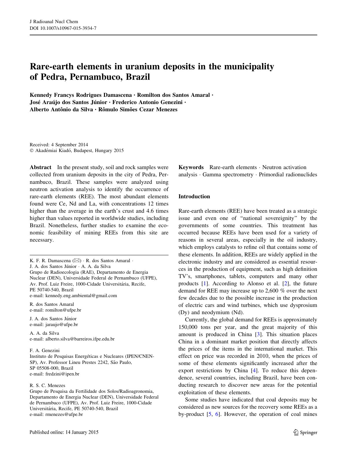 First page of Rare-earth elements in uranium deposits in the municipality of Pedra, Pernambuco, Brazil
