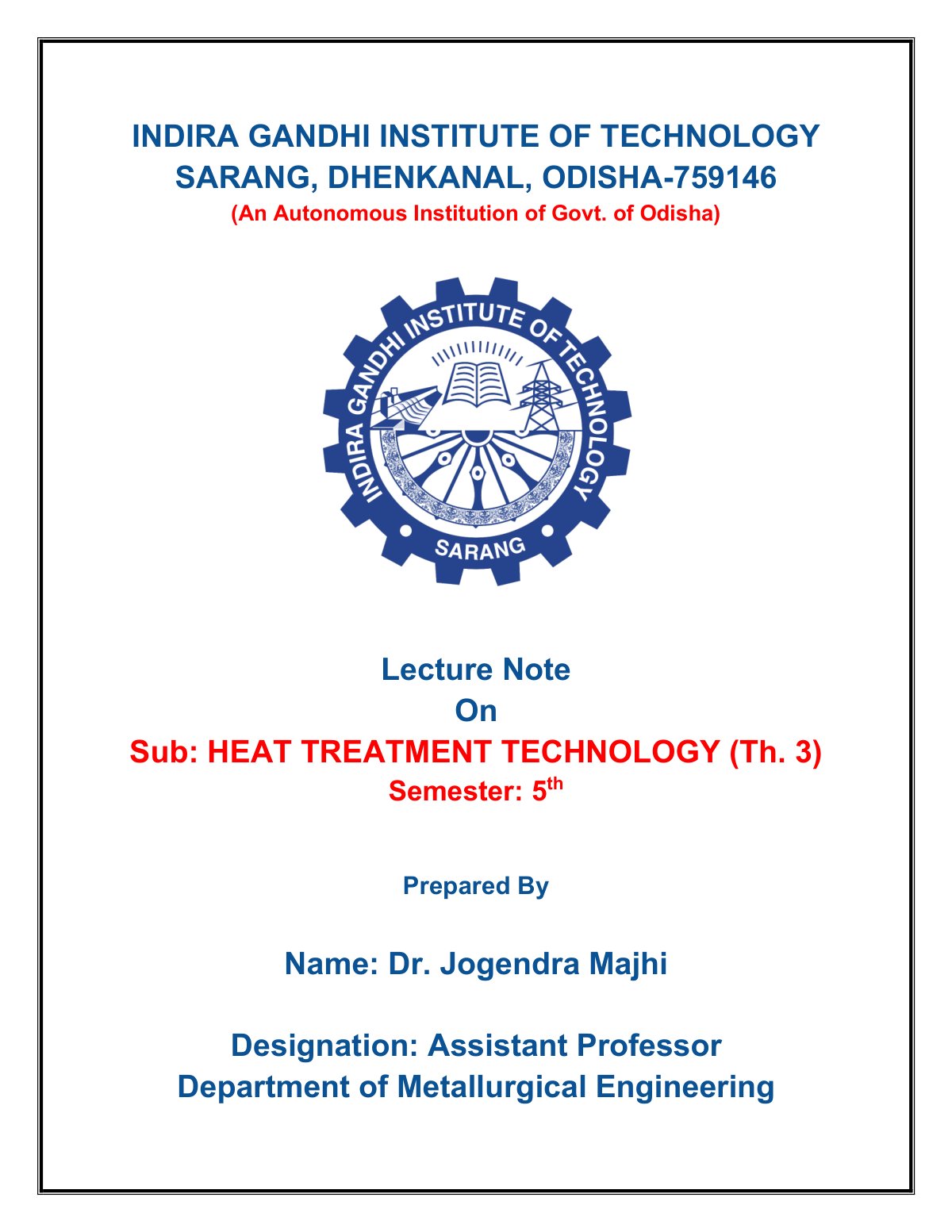 First page of INDIRA GANDHI INSTITUTE OF TECHNOLOGY