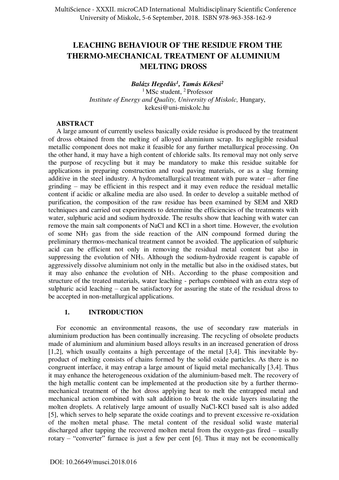 First page of LEACHING BEHAVIOUR OF THE RESIDUE FROM THE THERMO-MECHANICAL TREATMENT OF ALUMINIUM MELTING DROSS