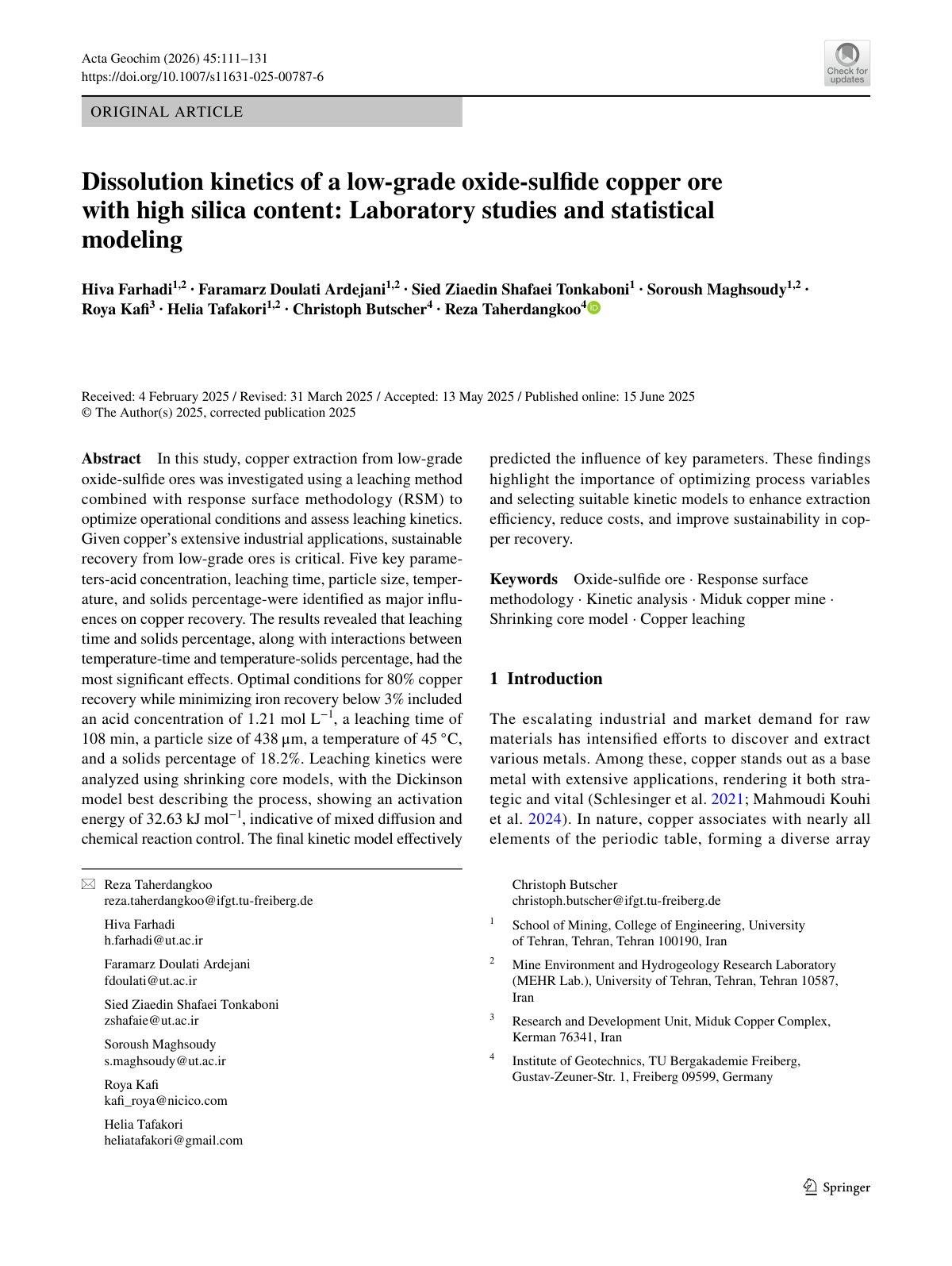 First page of Dissolution kinetics of a low‑grade oxide‑sulfide copper ore with high silica content: Laboratory studies and statistical modeling