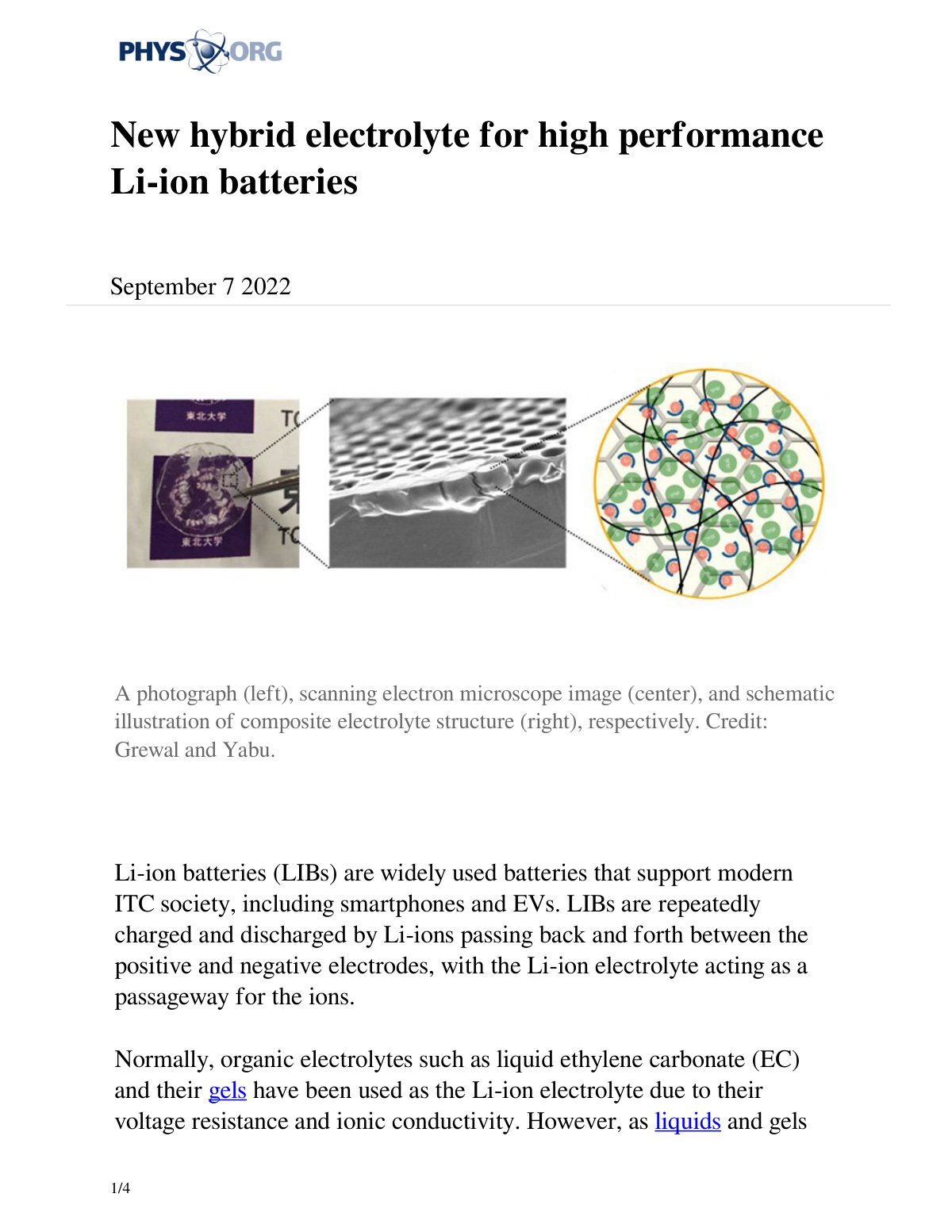 First page of New hybrid electrolyte for high performance Li-ion batteries